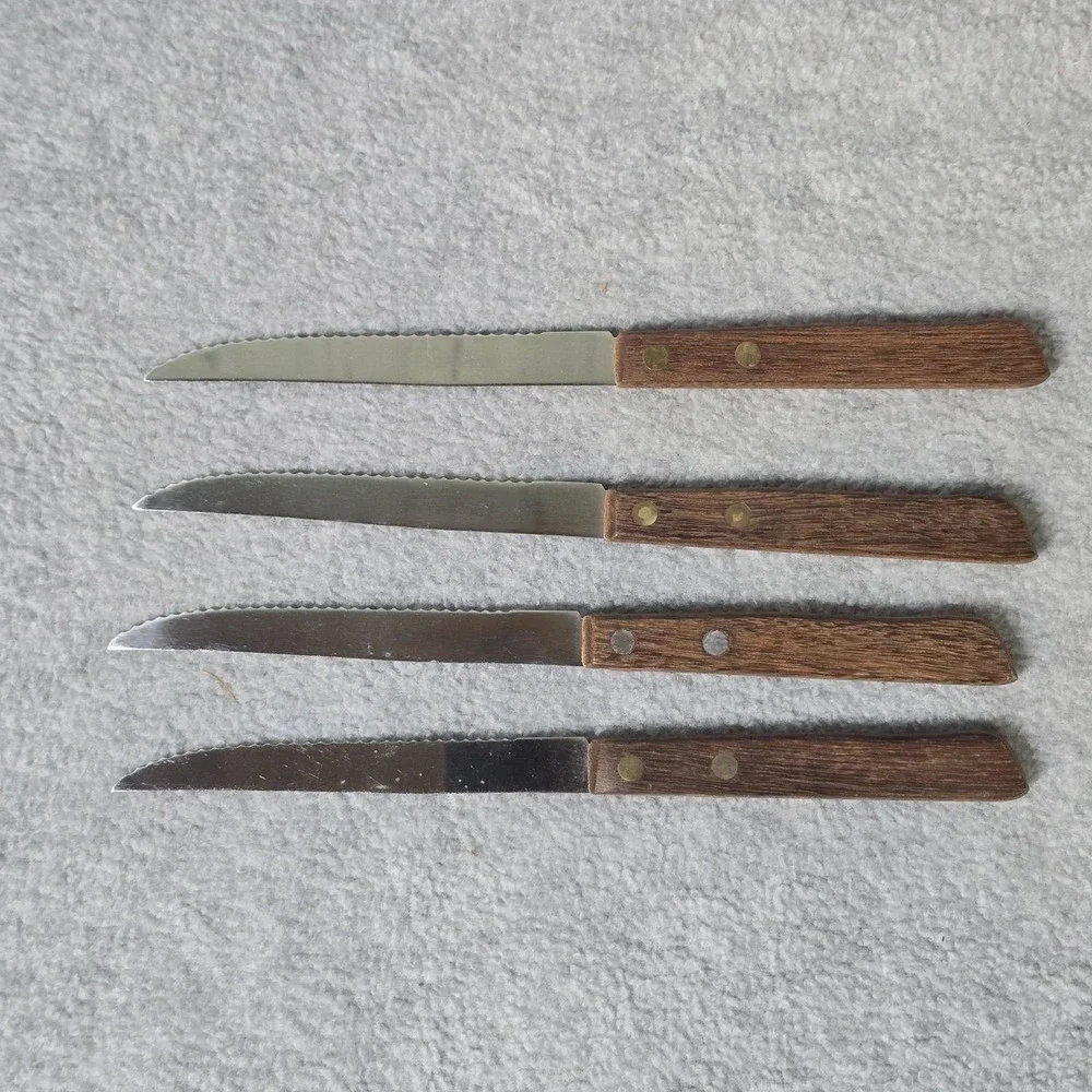 Vintage Hanford Forge Steak Knives Set 8 Brown Wood Handle Stainless Japan